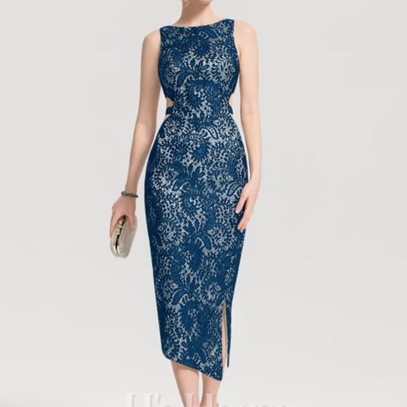 JJ’s House Sheath Column Scoop Neckline Midi length Lace Cocktail Evenin… - Picture 1 of 13